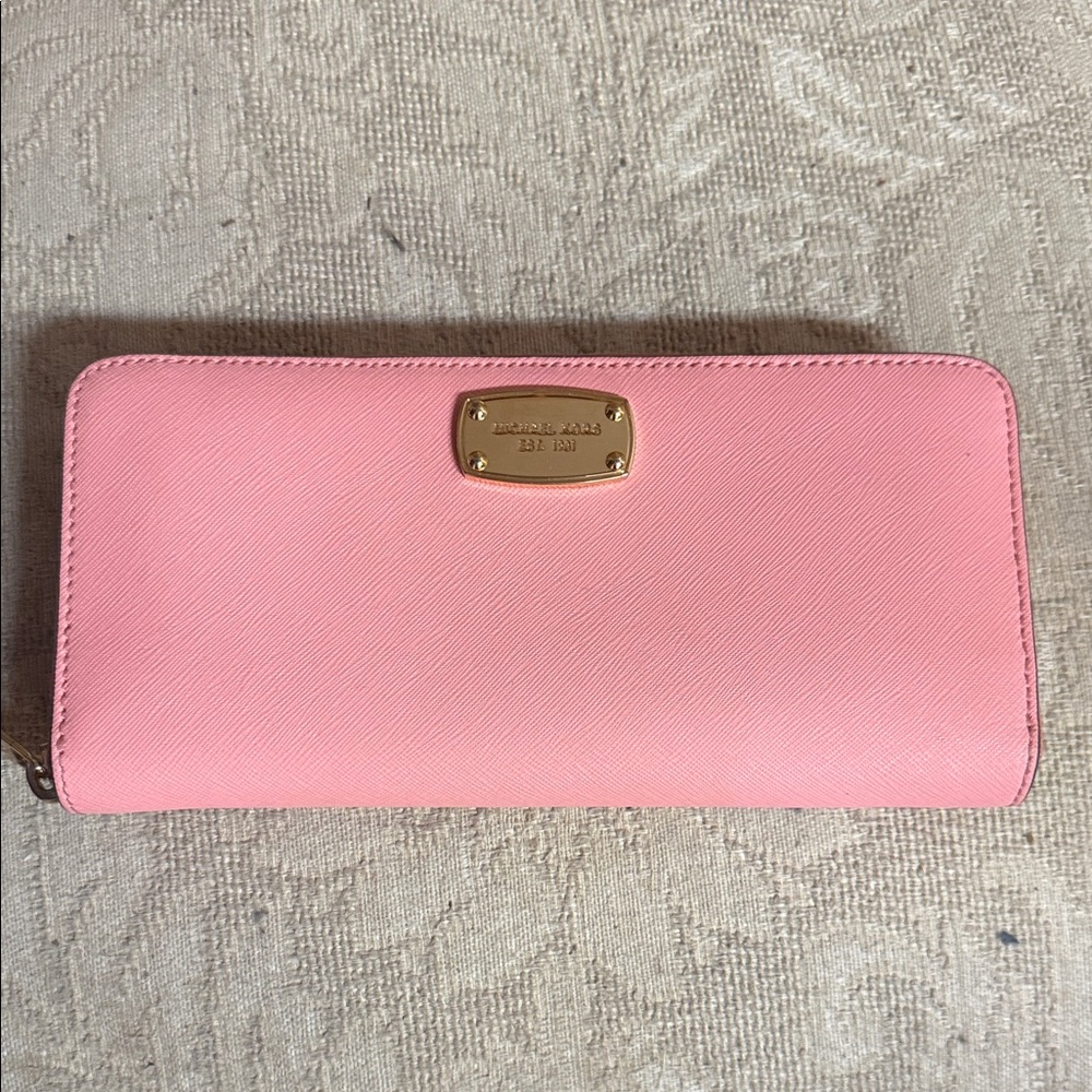 Michael Kors Pink Zip-Around Saffiano Wallet with Gold Plaque